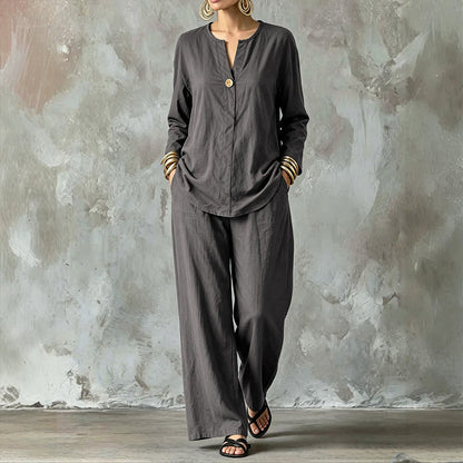 ✨👗Conjunto de camisa casual e calças de perna larga para mulher