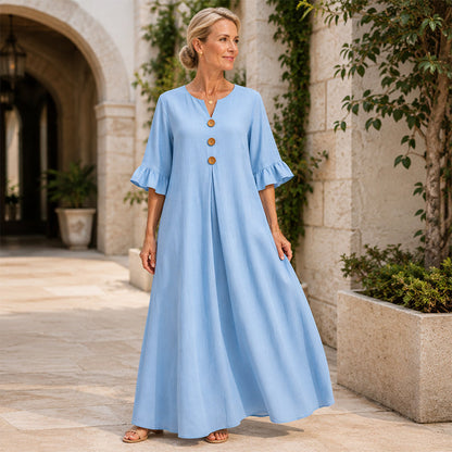 👗Vestido maxi para senhora com decote em V e mangas com folhos