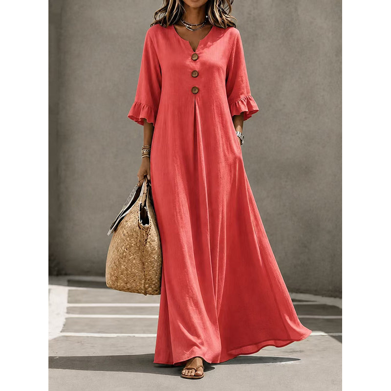 👗Vestido maxi para senhora com decote em V e mangas com folhos