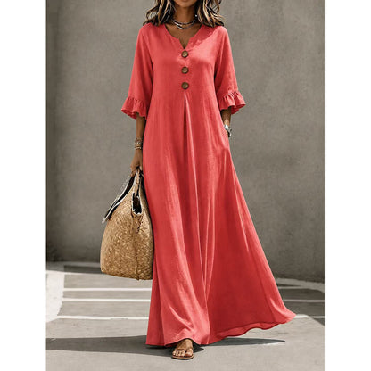 👗Vestido maxi para senhora com decote em V e mangas com folhos