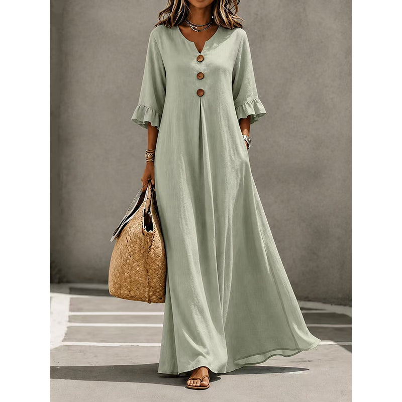 👗Vestido maxi para senhora com decote em V e mangas com folhos