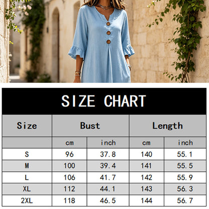 👗Vestido maxi para senhora com decote em V e mangas com folhos