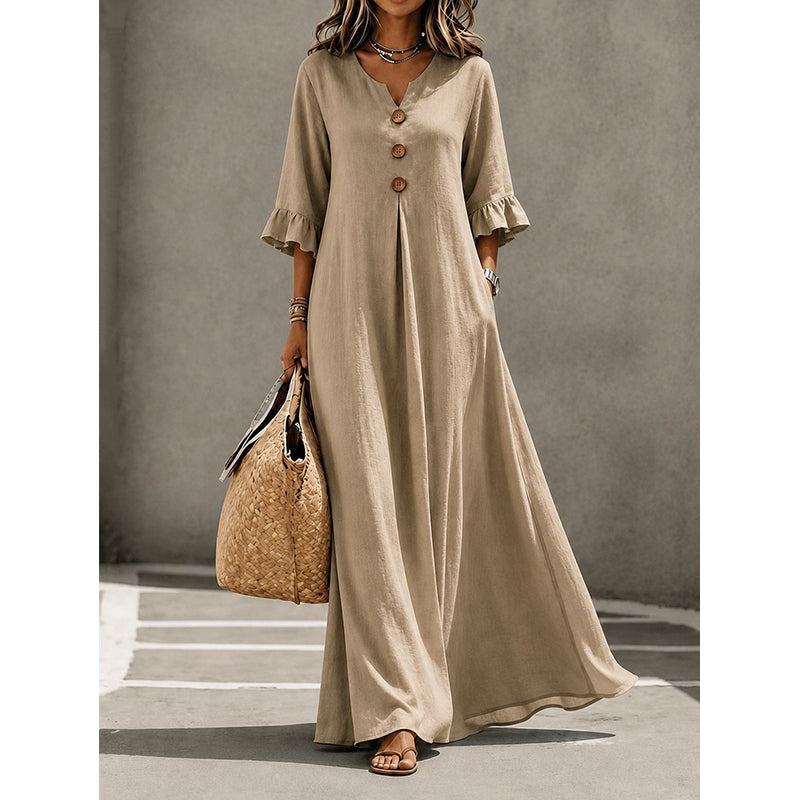 👗Vestido maxi para senhora com decote em V e mangas com folhos