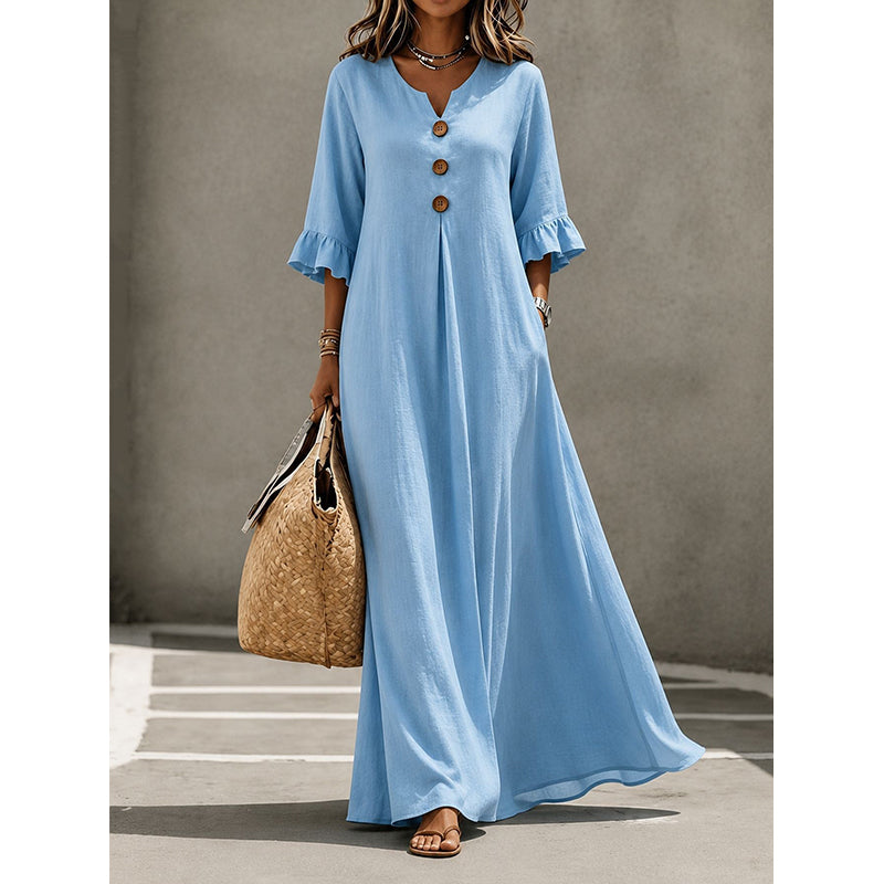 👗Vestido maxi para senhora com decote em V e mangas com folhos