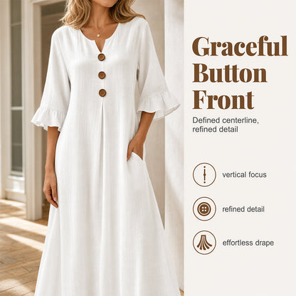👗Vestido maxi para senhora com decote em V e mangas com folhos