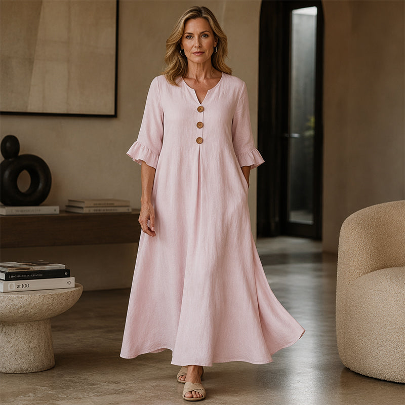 👗Vestido maxi para senhora com decote em V e mangas com folhos