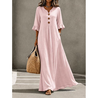 👗Vestido maxi para senhora com decote em V e mangas com folhos