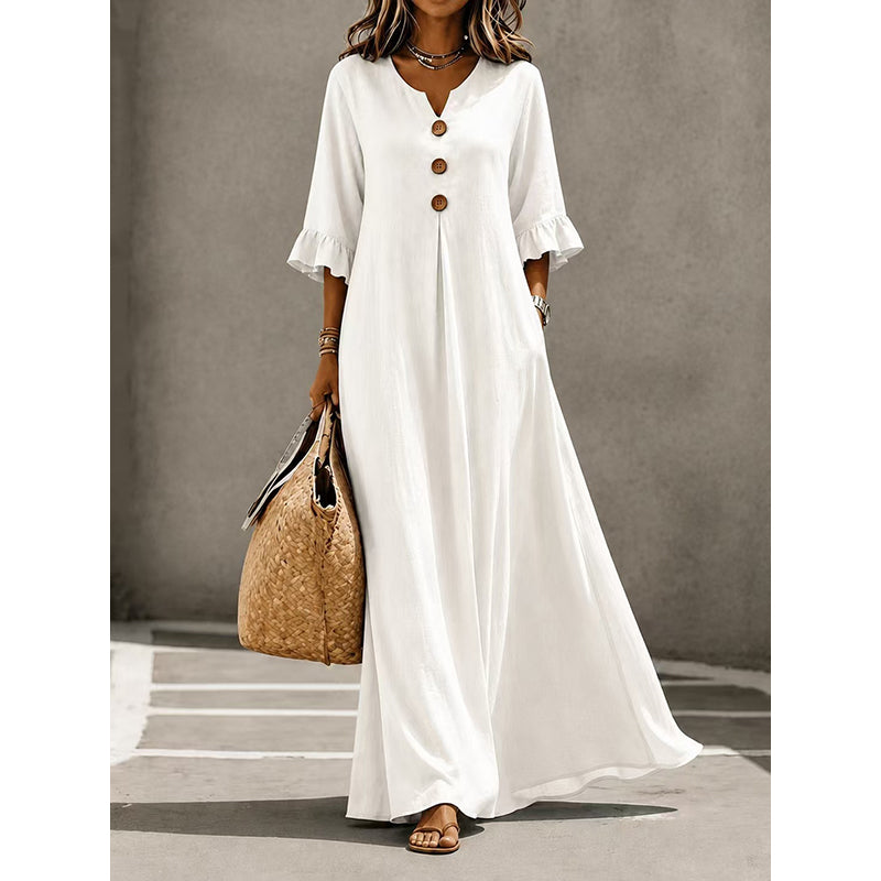 👗Vestido maxi para senhora com decote em V e mangas com folhos