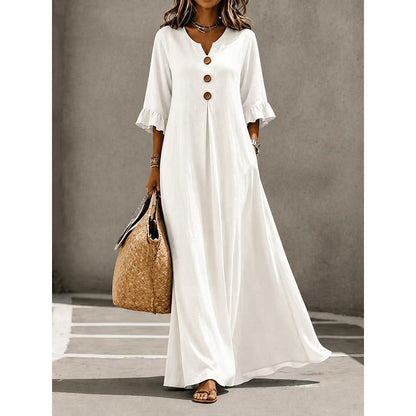 👗Vestido maxi para senhora com decote em V e mangas com folhos
