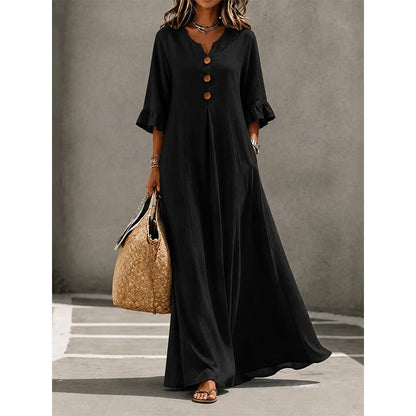 👗Vestido maxi para senhora com decote em V e mangas com folhos
