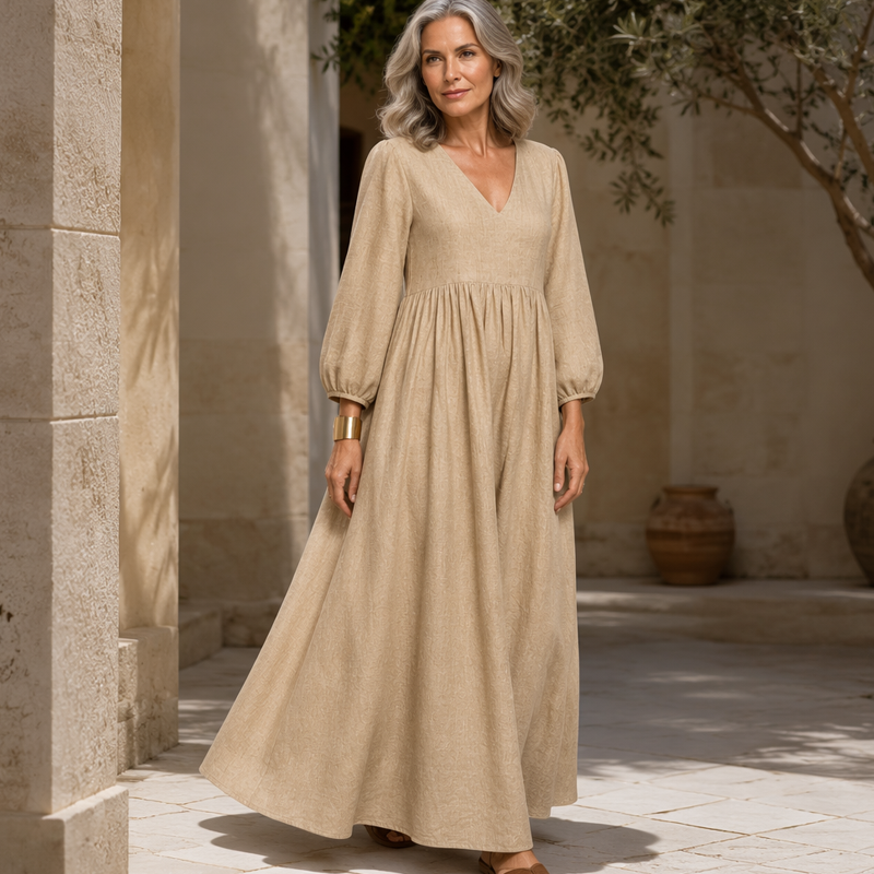 💕Novidade👗Vestido maxi plissado com decote em V para mulher