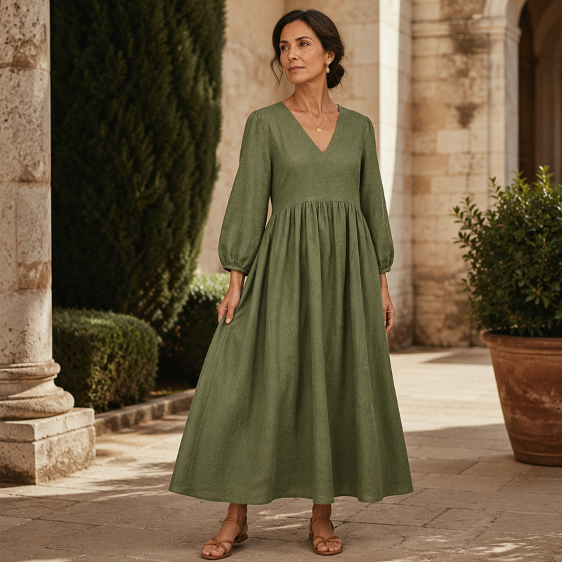 💕Novidade👗Vestido maxi plissado com decote em V para mulher
