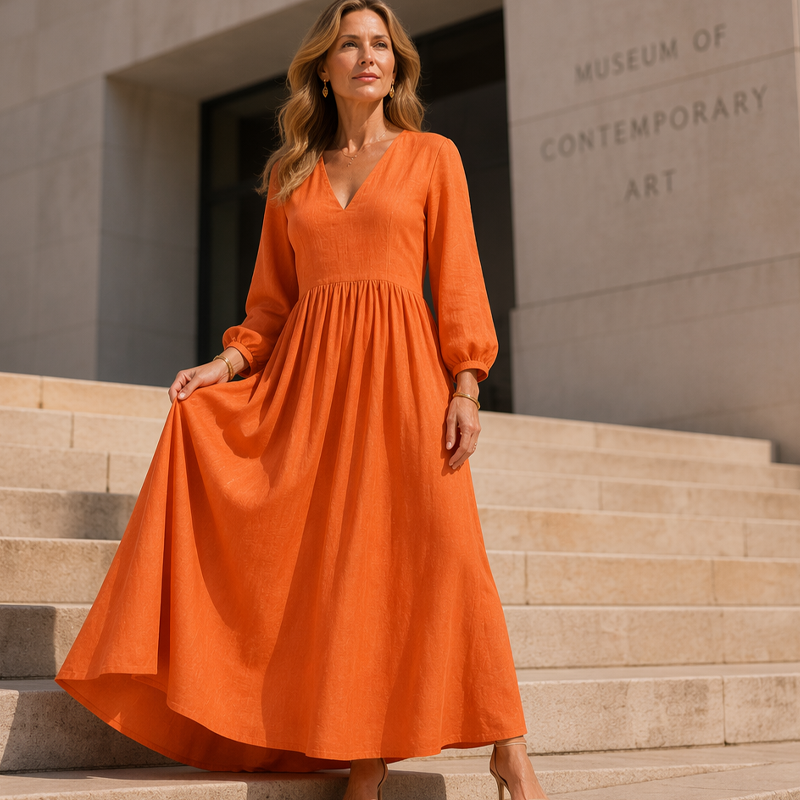 💕Novidade👗Vestido maxi plissado com decote em V para mulher