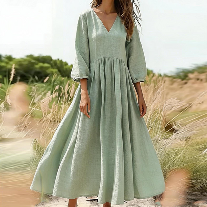 💕Novidade👗Vestido maxi plissado com decote em V para mulher