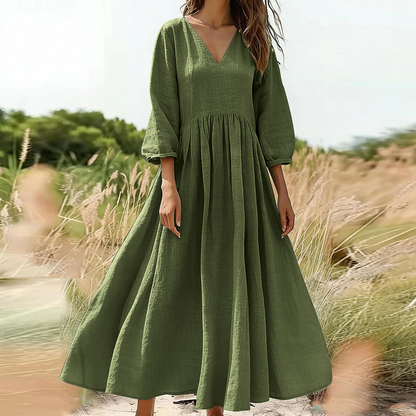 💕Novidade👗Vestido maxi plissado com decote em V para mulher
