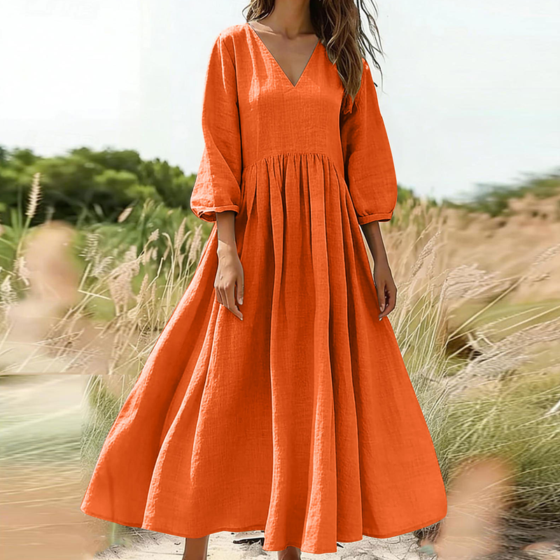💕Novidade👗Vestido maxi plissado com decote em V para mulher