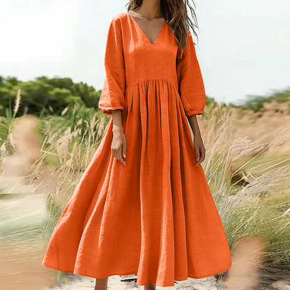 💕Novidade👗Vestido maxi plissado com decote em V para mulher