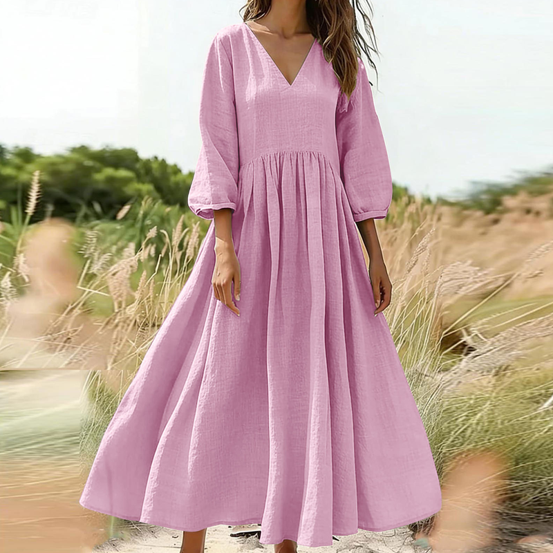 💕Novidade👗Vestido maxi plissado com decote em V para mulher