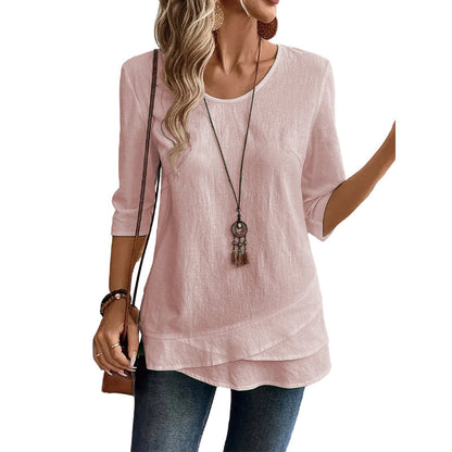 Top casual assimétrico de gola redonda a cores sólidas para mulher