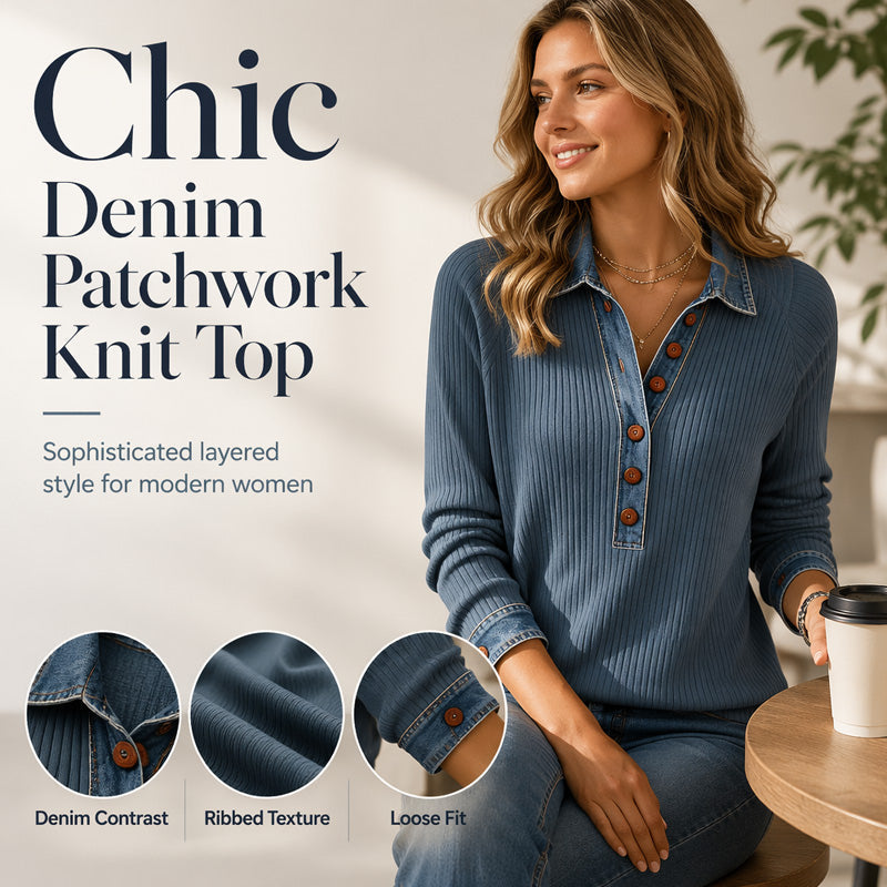 ✨👚Top de malha em patchwork com gola em ganga e manga comprida para mulher