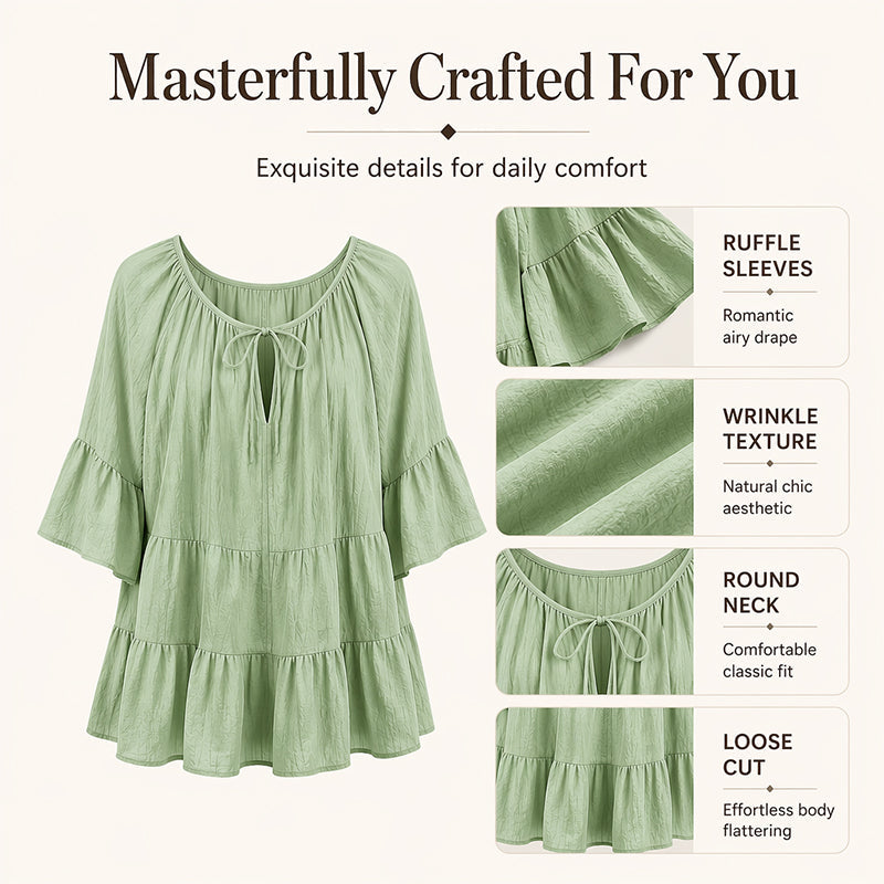 ✨👚 Top em camadas com folhos e mangas 3/4 — Movimento elegante e textura suave para um estilo chique e descontraído