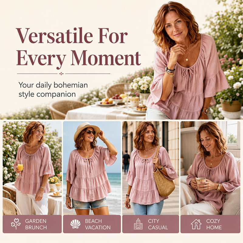 ✨👚 Top em camadas com folhos e mangas 3/4 — Movimento elegante e textura suave para um estilo chique e descontraído