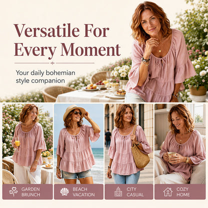 ✨👚 Top em camadas com folhos e mangas 3/4 — Movimento elegante e textura suave para um estilo chique e descontraído
