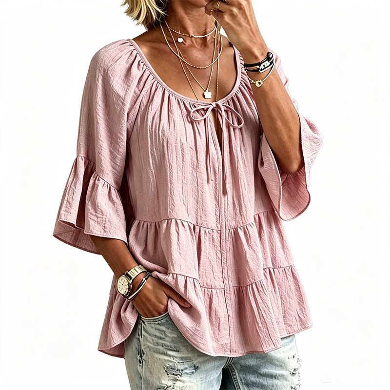✨👚 Top em camadas com folhos e mangas 3/4 — Movimento elegante e textura suave para um estilo chique e descontraído