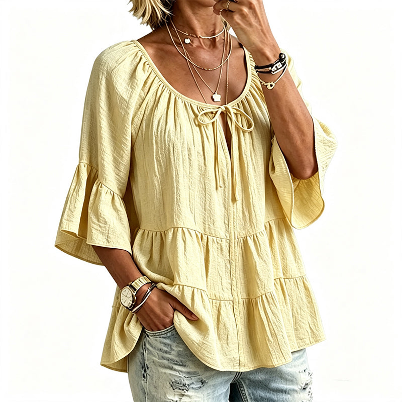 ✨👚 Top em camadas com folhos e mangas 3/4 — Movimento elegante e textura suave para um estilo chique e descontraído