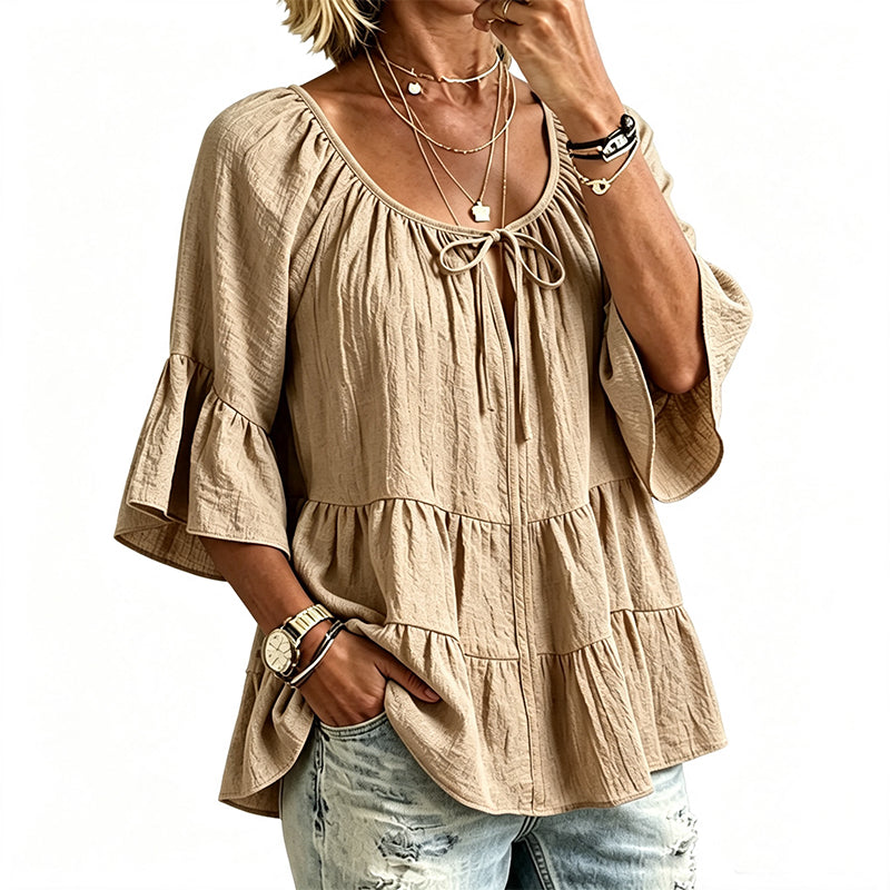 ✨👚 Top em camadas com folhos e mangas 3/4 — Movimento elegante e textura suave para um estilo chique e descontraído