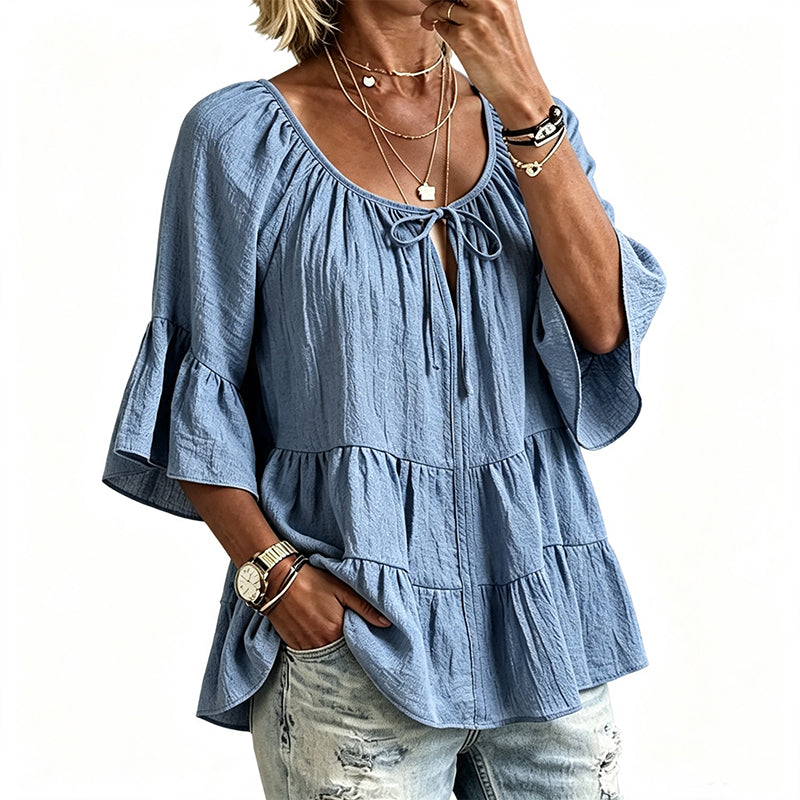 ✨👚 Top em camadas com folhos e mangas 3/4 — Movimento elegante e textura suave para um estilo chique e descontraído