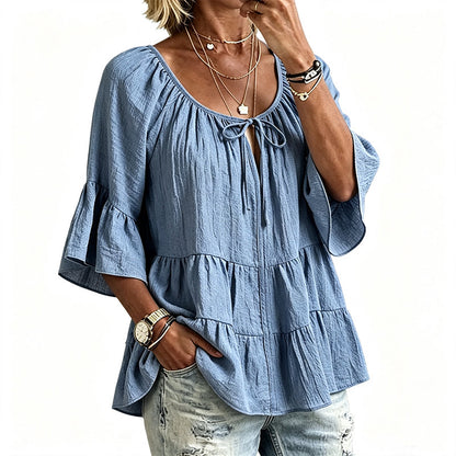 ✨👚 Top em camadas com folhos e mangas 3/4 — Movimento elegante e textura suave para um estilo chique e descontraído