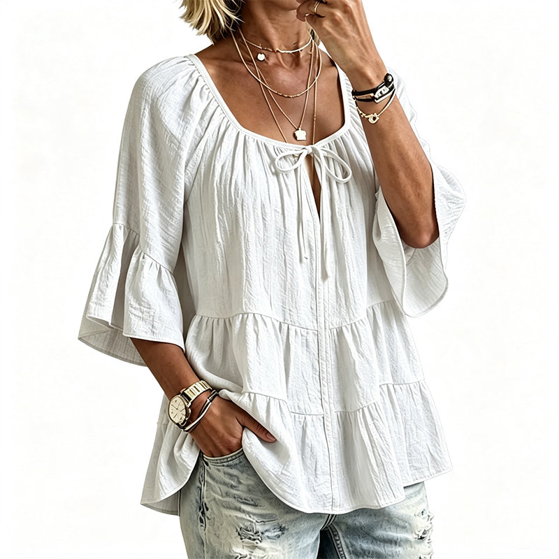 ✨👚 Top em camadas com folhos e mangas 3/4 — Movimento elegante e textura suave para um estilo chique e descontraído