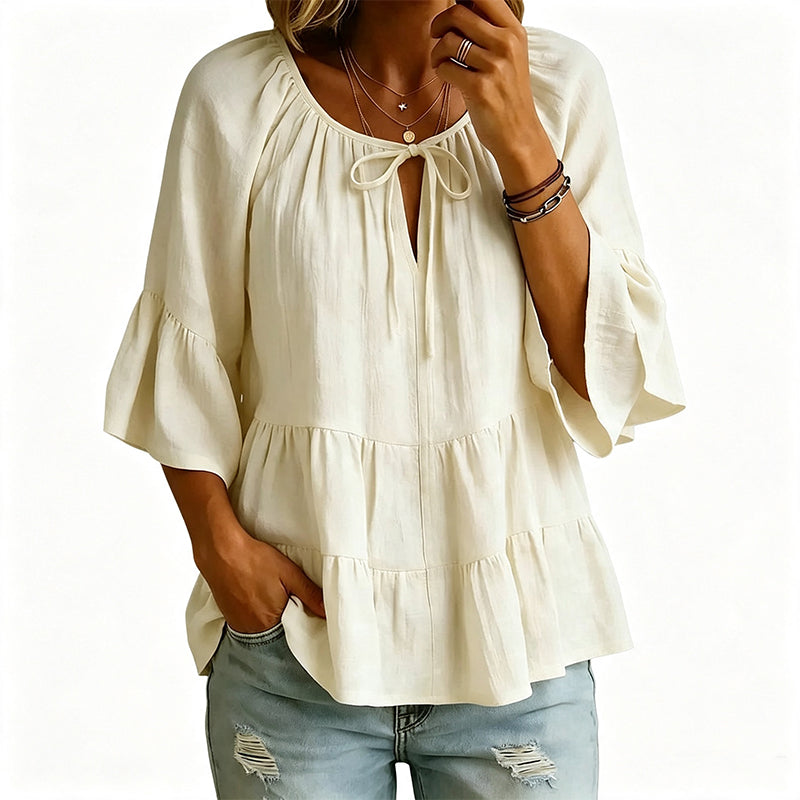✨👚 Top em camadas com folhos e mangas 3/4 — Movimento elegante e textura suave para um estilo chique e descontraído