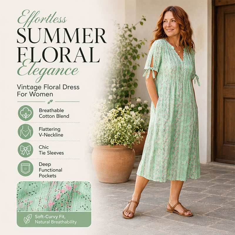 ✨👗Escolha em destaque - Vestido midi casual com padrão floral e decote em V – Caimento suave e padrão romântico