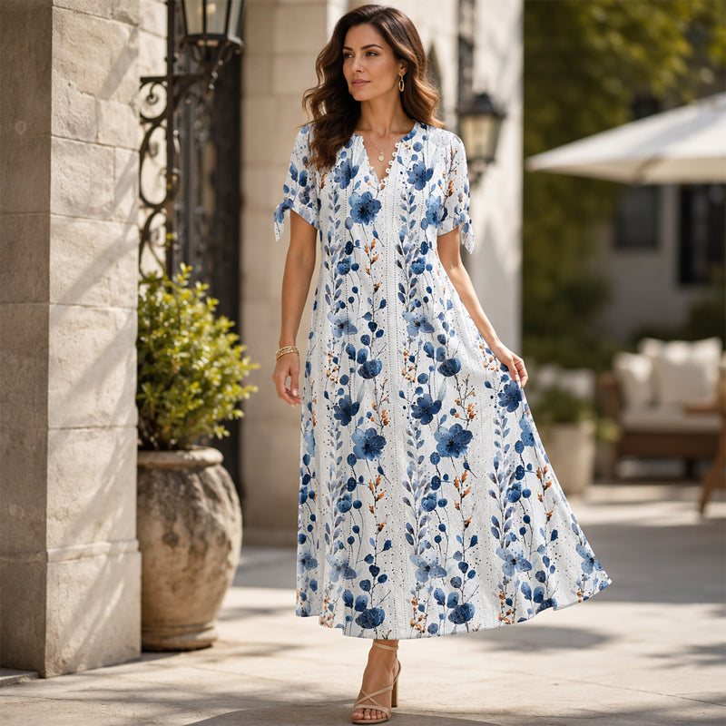 ✨👗Escolha em destaque - Vestido midi casual com padrão floral e decote em V – Caimento suave e padrão romântico