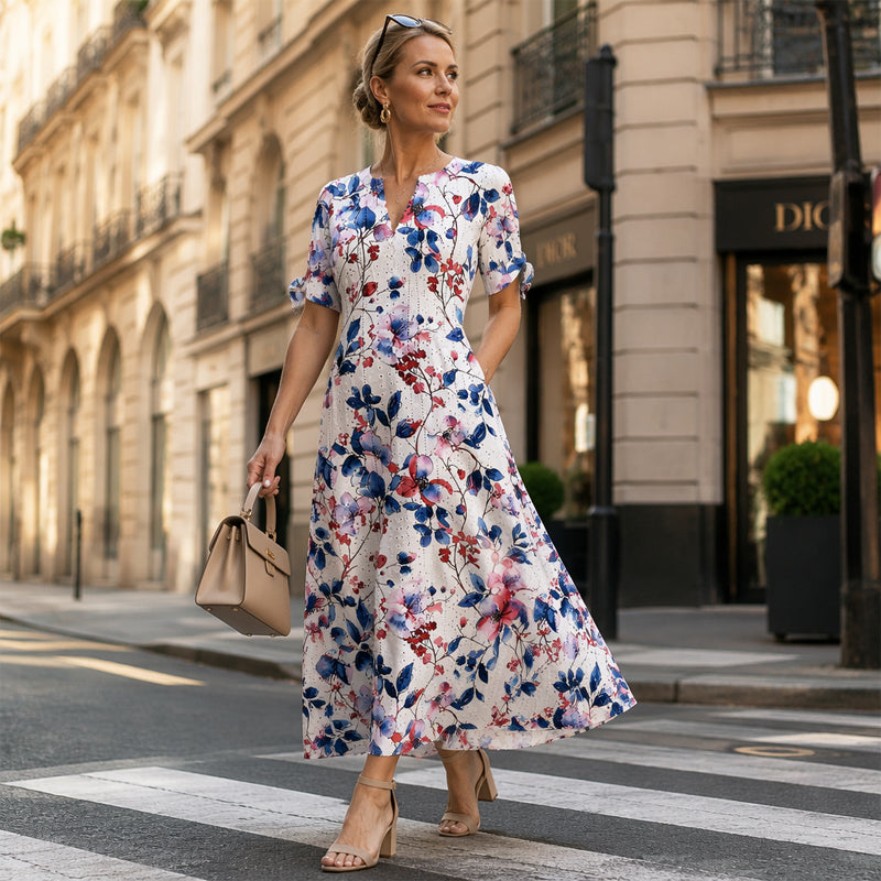 ✨👗Escolha em destaque - Vestido midi casual com padrão floral e decote em V – Caimento suave e padrão romântico