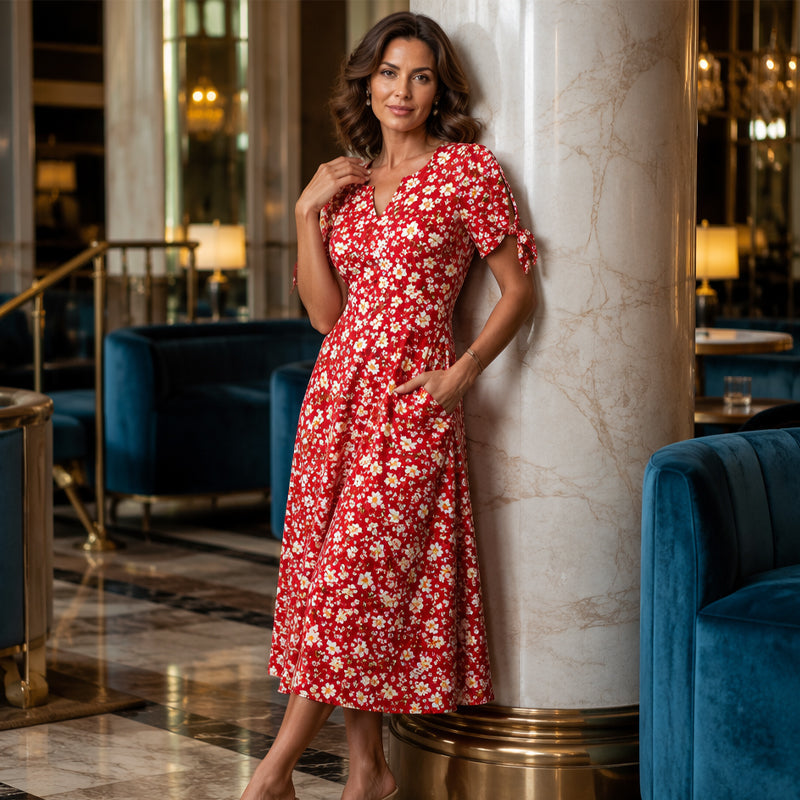 ✨👗Escolha em destaque - Vestido midi casual com padrão floral e decote em V – Caimento suave e padrão romântico