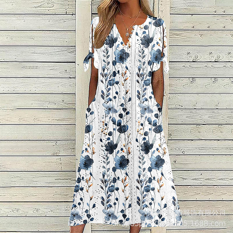 ✨👗Escolha em destaque - Vestido midi casual com padrão floral e decote em V – Caimento suave e padrão romântico