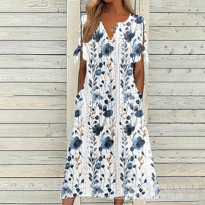 ✨👗Escolha em destaque - Vestido midi casual com padrão floral e decote em V – Caimento suave e padrão romântico