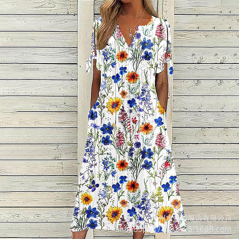 ✨👗Escolha em destaque - Vestido midi casual com padrão floral e decote em V – Caimento suave e padrão romântico