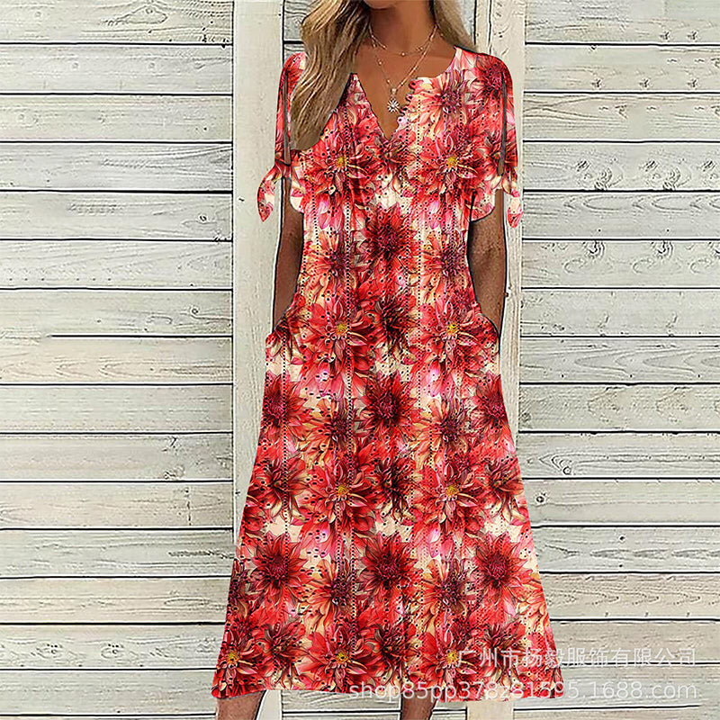 ✨👗Escolha em destaque - Vestido midi casual com padrão floral e decote em V – Caimento suave e padrão romântico