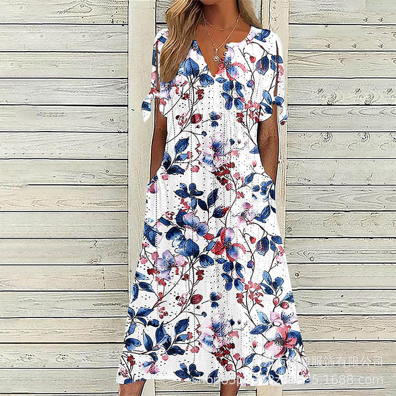 ✨👗Escolha em destaque - Vestido midi casual com padrão floral e decote em V – Caimento suave e padrão romântico