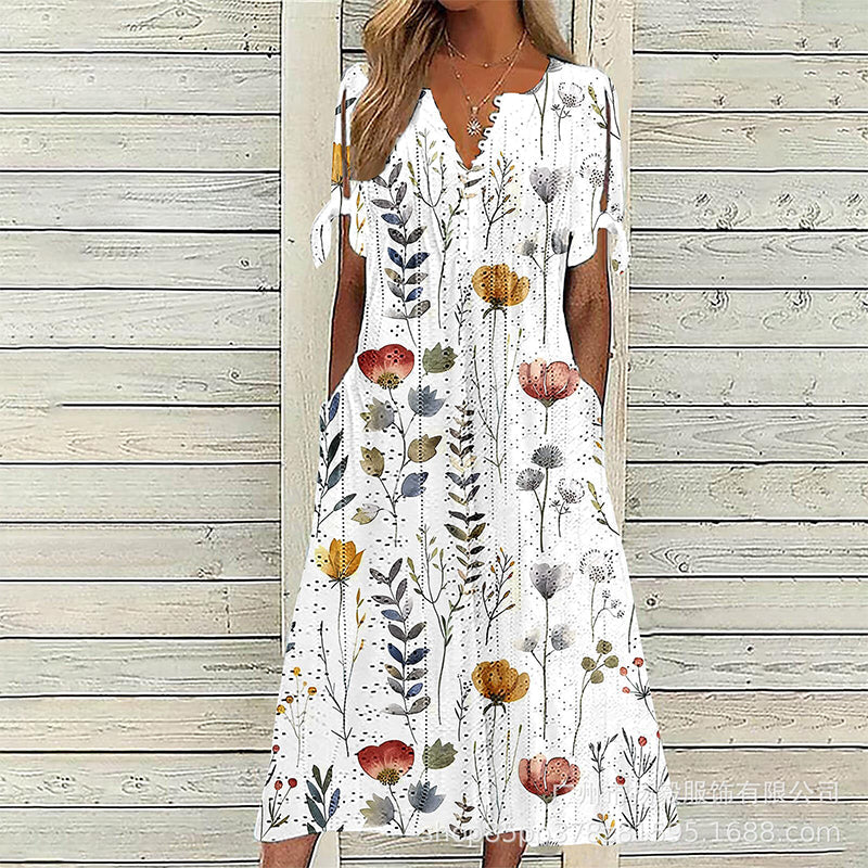 ✨👗Escolha em destaque - Vestido midi casual com padrão floral e decote em V – Caimento suave e padrão romântico