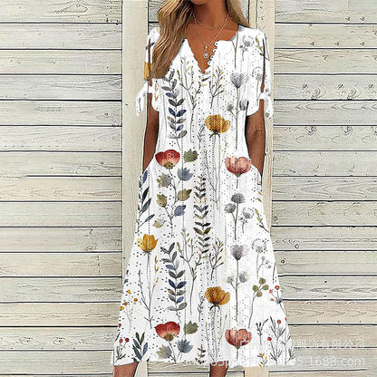 ✨👗Escolha em destaque - Vestido midi casual com padrão floral e decote em V – Caimento suave e padrão romântico