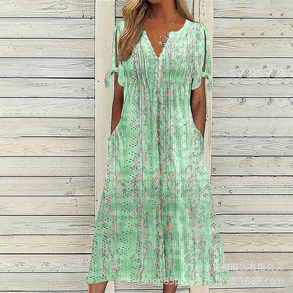 ✨👗Escolha em destaque - Vestido midi casual com padrão floral e decote em V – Caimento suave e padrão romântico