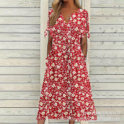 ✨👗Escolha em destaque - Vestido midi casual com padrão floral e decote em V – Caimento suave e padrão romântico