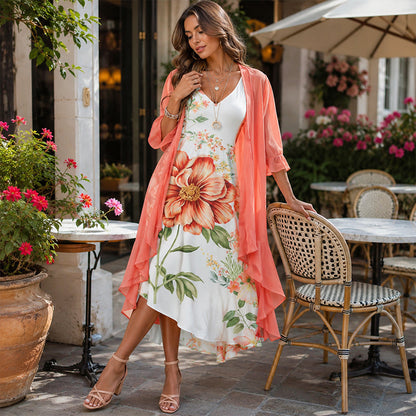 ⭐👗 Conjunto de vestido maxi floral e casaco de malha – Patchwork de renda e saia esvoaçante para uma elegância natural ✨