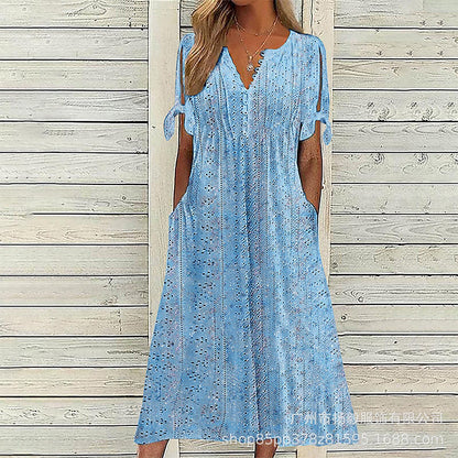 ✨👗Escolha em destaque - Vestido midi casual com padrão floral e decote em V – Caimento suave e padrão romântico
