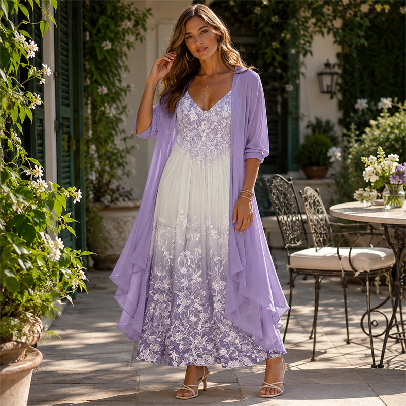 ⭐👗 Conjunto de vestido maxi floral e casaco de malha – Patchwork de renda e saia esvoaçante para uma elegância natural ✨